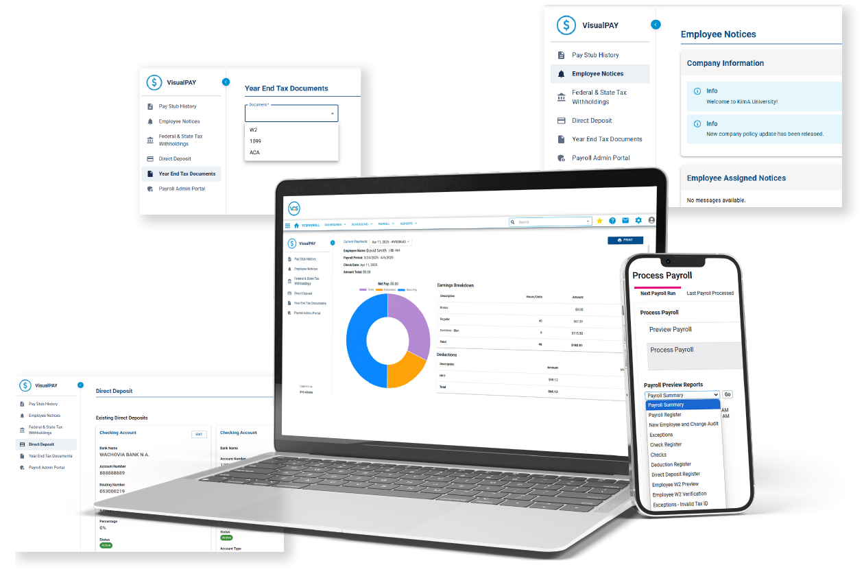 A laptop and phone displaying screenshots of the VCS HR platform.