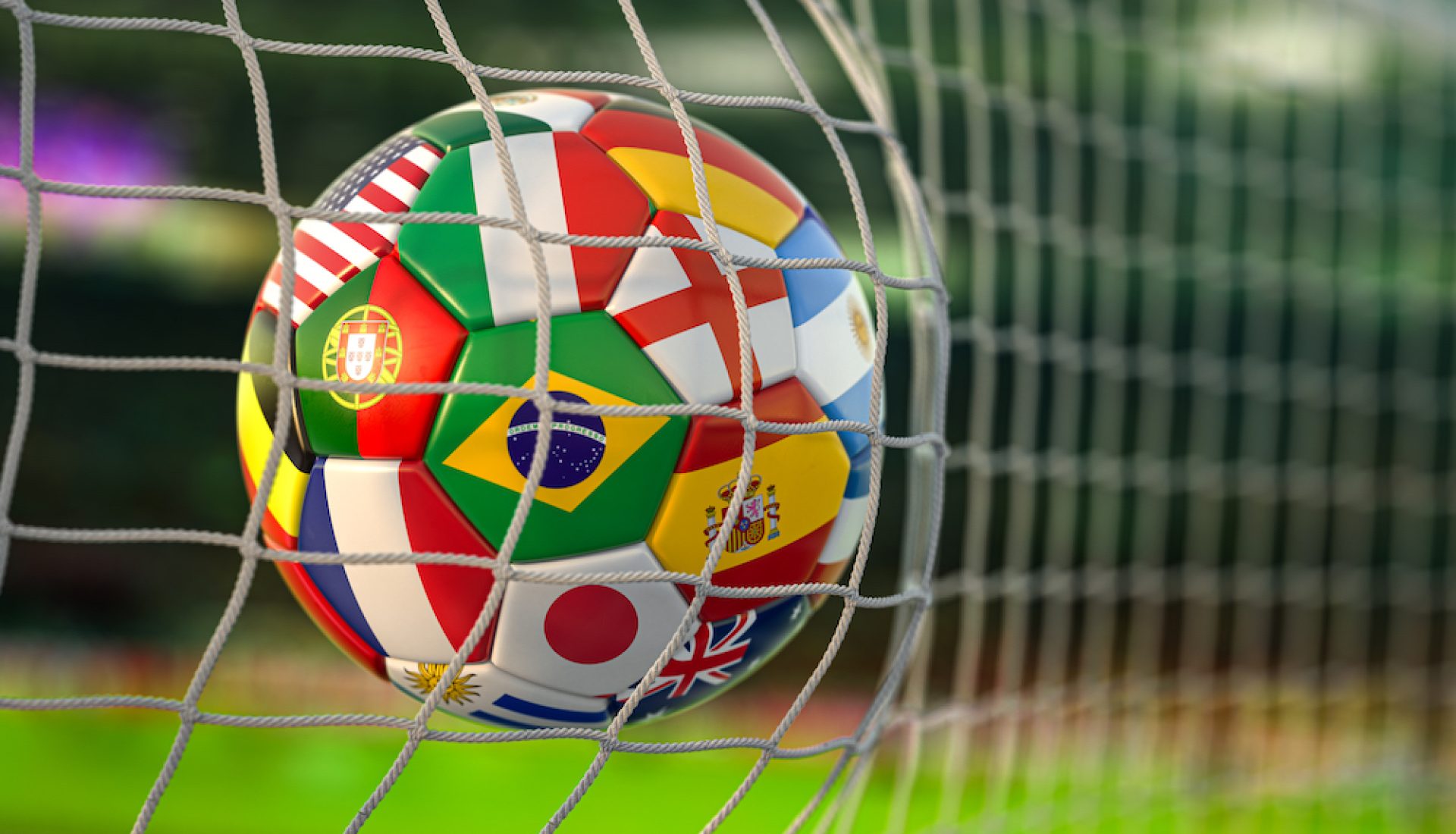 Football ball with flags of world countries in the net of goal of football stadium. World cup championship 2022. 3d illustration